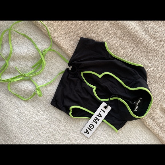 I AM GIA NEON GREEN AND BLACK TIE TOP - Picture 4 of 4